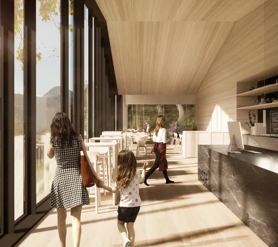 Modernes Café mit Holzdesign, großen Fenstern und Menschen beim Bestellen und Gehen